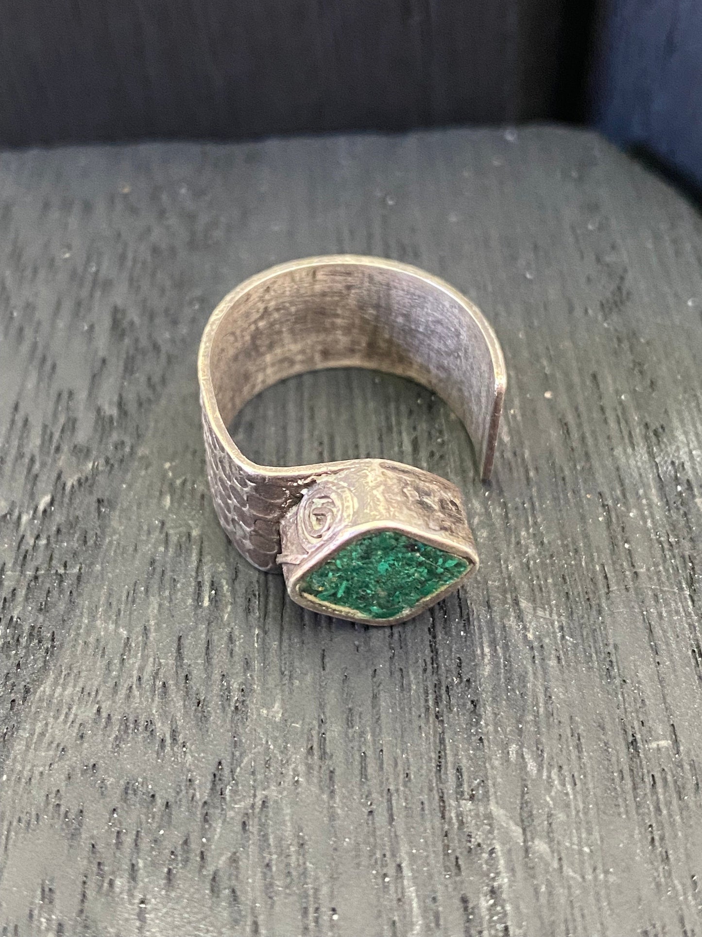 handmade adjustable 925 sterling silver ring with custom malachine bezel