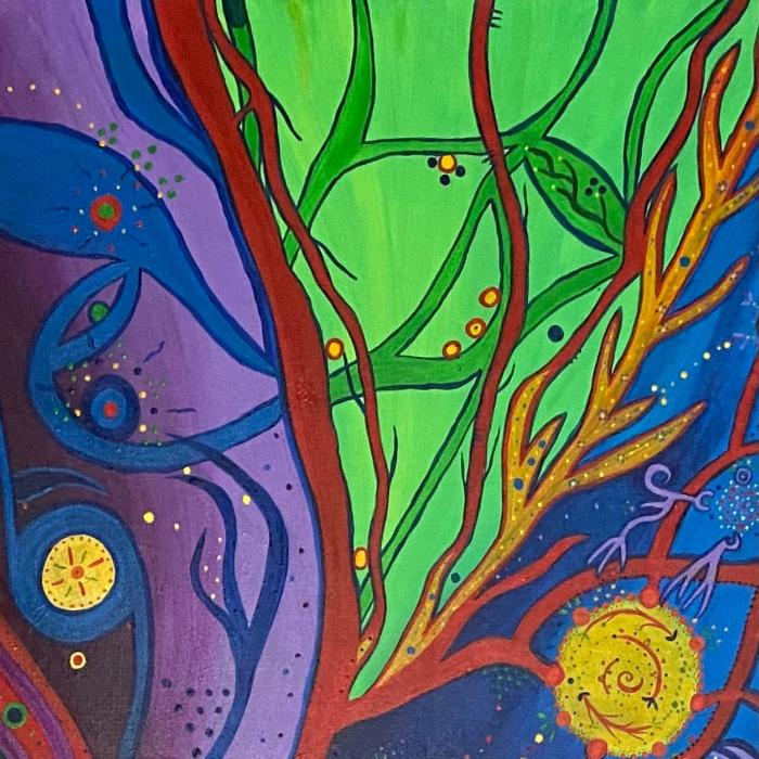 Close up of right center of multi color image of abstract painting. If you need assistance to purchase this item or have questions please call five six one eight five three eight five four zero Monday through Friday 10 a.m. EST to 4 p.m. EST