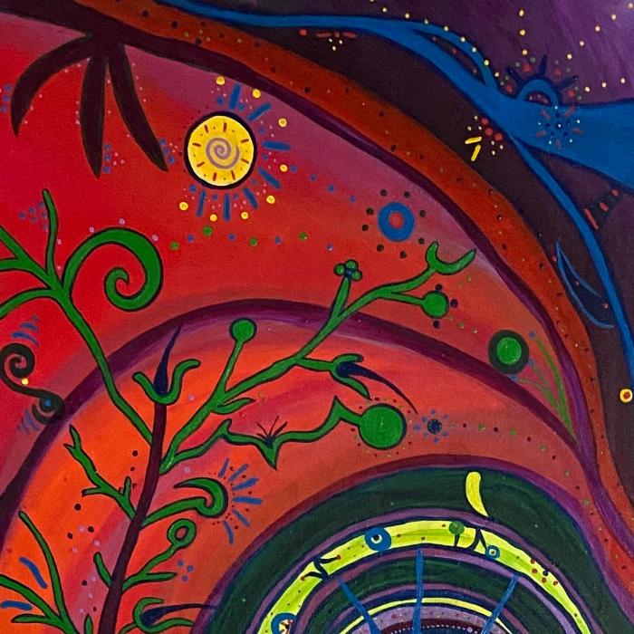 Close up of left top of multi color image of abstract painting. If you need assistance to purchase this item or have questions please call five six one eight five three eight five four zero Monday through Friday 10 a.m. EST to 4 p.m. EST