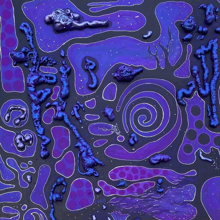 Multi color purple tones close up of top of image of abstract painting. If you need assistance to purchase this item or have questions please call five six one eight five three eight five four zero Monday through Friday 10 a.m. EST to 4 p.m. EST